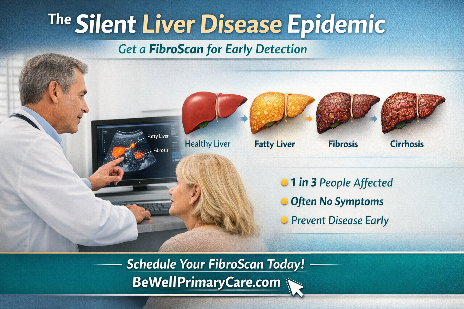 A medical infographic titled “The Silent Liver Disease Epidemic” shows a doctor pointing to a liver scan on a computer while a patient looks on. Across the top are illustrations of liver progression from healthy liver to fatty liver, fibrosis, and cirrhosis. Text highlights that 1 in 3 people are affected, symptoms are often absent, and early prevention is important. A call to action at the bottom encourages scheduling a FibroScan at BeWellPrimaryCare.com.