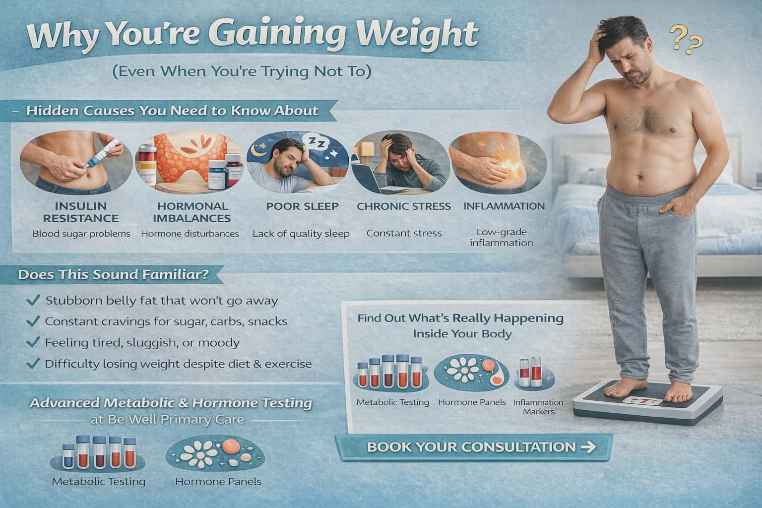 A health infographic titled “Why You’re Gaining Weight (Even When You’re Trying Not To)” shows a man standing on a scale looking confused. It highlights hidden causes of weight gain including insulin resistance, hormonal imbalances, poor sleep, chronic stress, and inflammation. A checklist describes symptoms like stubborn belly fat, cravings, fatigue, and difficulty losing weight. The graphic promotes advanced metabolic and hormone testing at Be Well Primary Care and encourages booking a consultation.